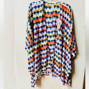 As Rose Rich Colorful Scallop Pattern Kimono Wrap Swim Cover Up Womens 1X